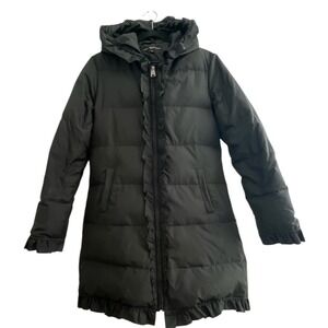 Via Spiga Puffer Jacket Womens Medium Black Down Coat Ruffles Trimming Pockets